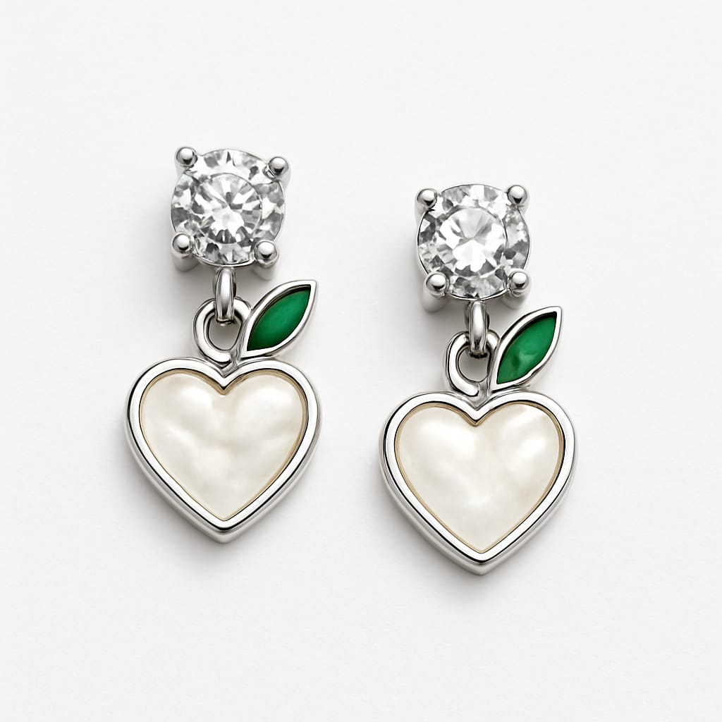 Sparkling Heart Drop Earrings with Green Leaf Accent – Sterling Silver Finish