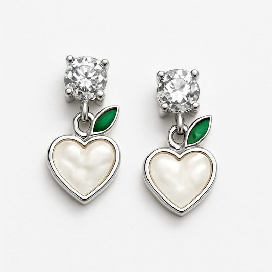 Sparkling Heart Drop Earrings with Green Leaf Accent – Sterling Silver Finish